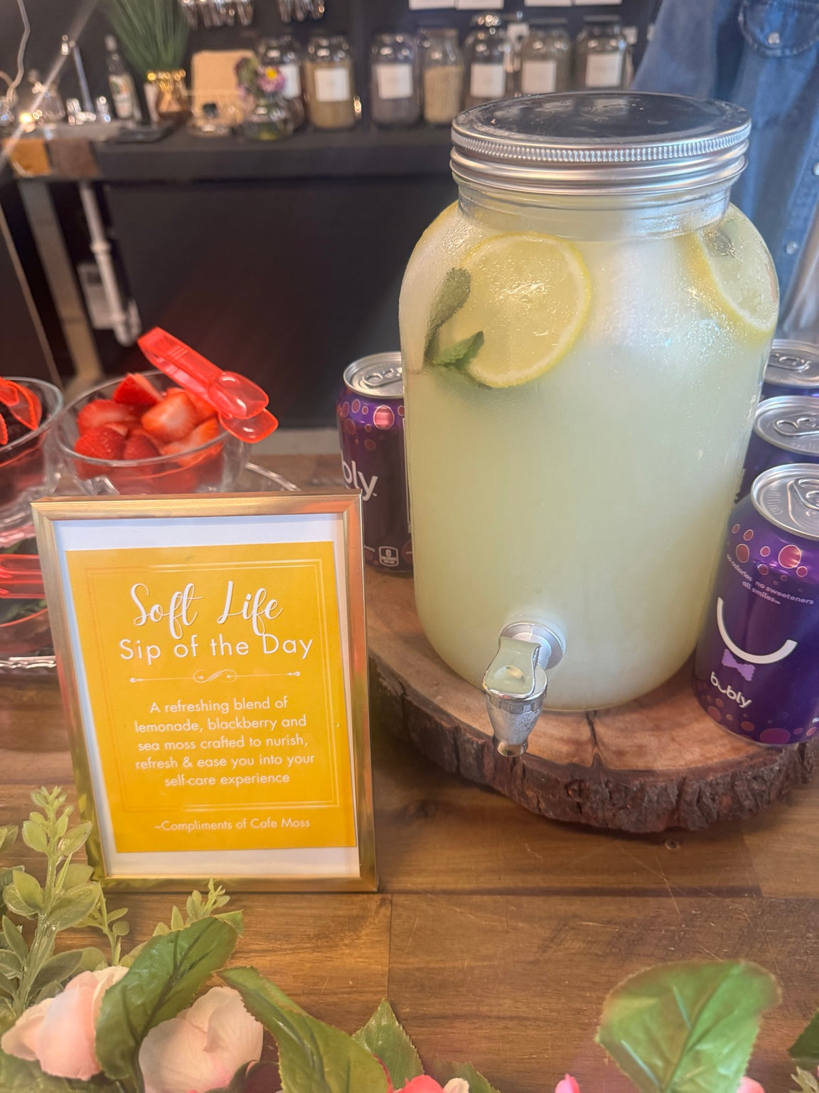 Cafe Moss lemonade bar event setup featuring sea moss lemonade